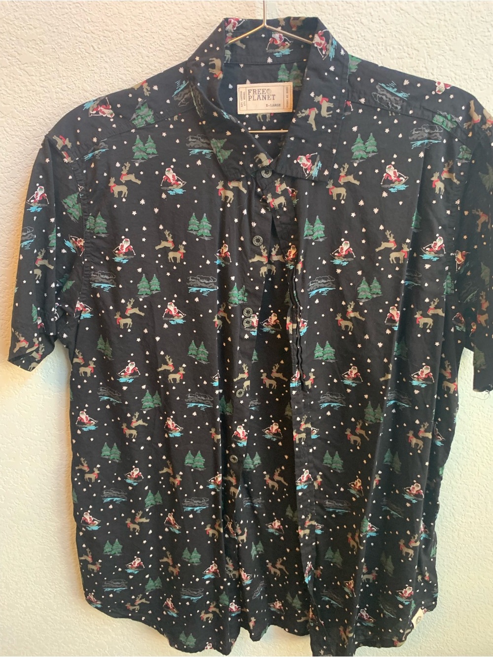 Free Planet Black Holiday Print Short Sleeve Button-Front Shirt